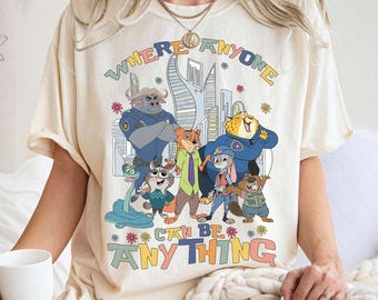 Camiseta vintage de Zootopia 2 de Disney: "Cualquiera puede ser lo que sea", camiseta de Judy Hopps y Nick Wilde, camiseta de Zootrópolis de Disney, camiseta de viaje familiar a Disneylandia