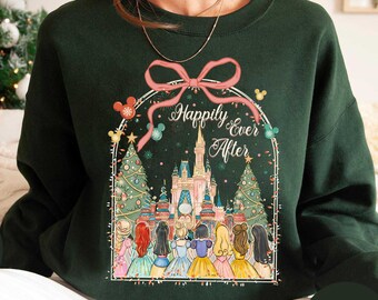 Maglietta Disney Princess Coquette Bows Christmas Lights Happily Ever After, festa di Natale di Topolino, regali di Natale a Disneyland