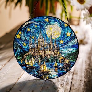 Wizard Castle Glass Suncatcher, Wizard School Suncatcher Ornament, Magical Castle Bookish Suncatcher, Window Hanging, Halloween Gift