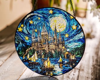 Wizard Castle Glass Suncatcher, Wizard School Suncatcher Ornament, Magical Castle Bookish Suncatcher, Window Hanging, Halloween Gift