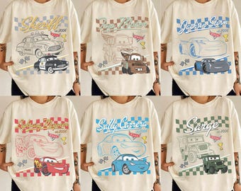 Retro Comfort Colors Disney Cars Shirt, Checkered Lightning McQueen Tee, Cars Sally Shirt, Disney Family Trip Tee, Disneyland Vacation Shirt