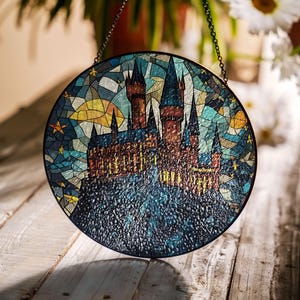 Wizard Castle Glass Suncatcher, Wizard School Suncatcher Ornament, Magical Castle Bookish Suncatcher, Window Hanging Decor, Book Lover Decor
