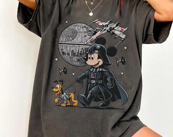 Retro Comfort Colors Funny Disney Star Wars Shirt, Mickey as Darth Vader & Pluto Tee, Disney World Family Vacation Tee, Galaxy’s Edge Outfit