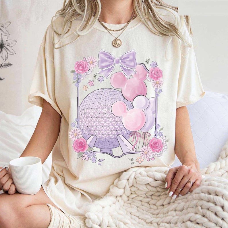 Vintage EPCOT Bogen Komfortfarben Shirt, Raumschiff Erde Micky Ballon T-Shirt, Disney Park Day Shirt mit Blumenmuster, süße Mädchen Reise Outfit 2026 Bild 1