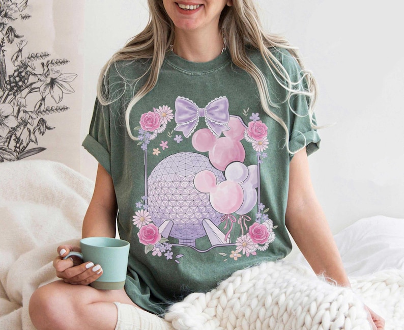 Vintage EPCOT Bogen Komfortfarben Shirt, Raumschiff Erde Micky Ballon T-Shirt, Disney Park Day Shirt mit Blumenmuster, süße Mädchen Reise Outfit 2026 Bild 5