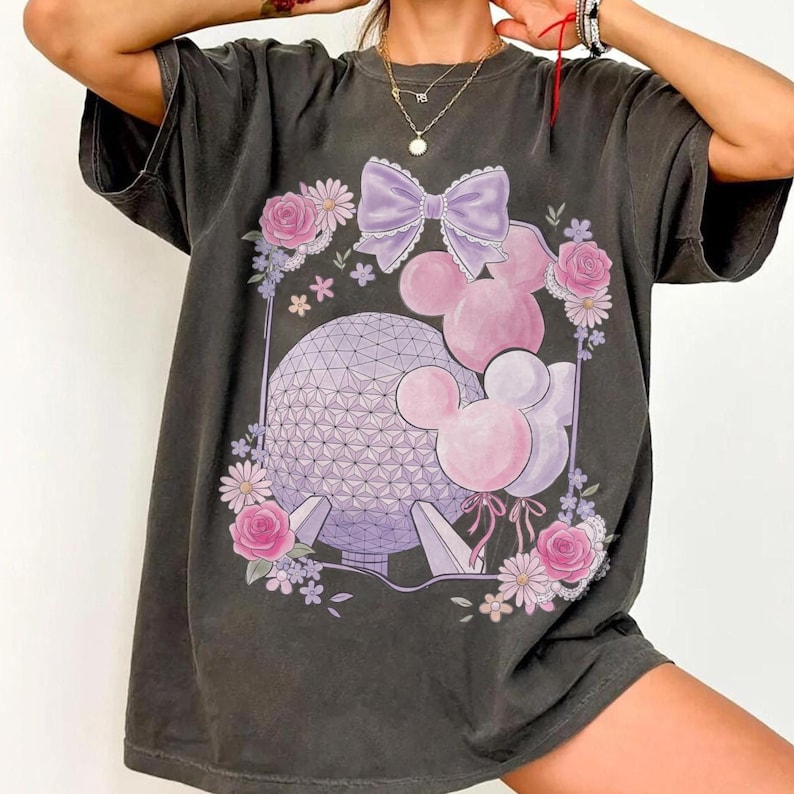 Vintage EPCOT Bogen Komfortfarben Shirt, Raumschiff Erde Micky Ballon T-Shirt, Disney Park Day Shirt mit Blumenmuster, süße Mädchen Reise Outfit 2026 Bild 2