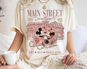 Vintage comfort kleur Disney Main Street-shirt, Mickey & Minnie Valentine-T-shirt, Disney Sweethearts Couple-shirt, Main Street Love-shirt