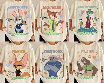 Camisetas personalizadas vintage de la película Zootopia 2 de Disneyland, grupo de todos los personajes, camiseta de Judy Hopps y Nick Wilde, Disneyland familiar a juego.