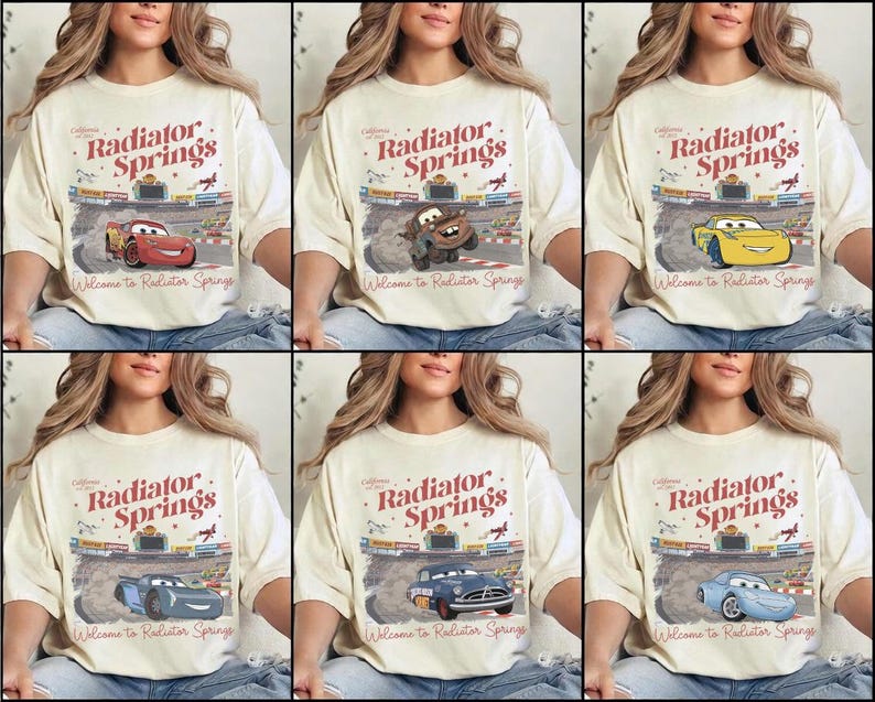 May include: Cream-colored t-shirts featuring various cartoon car designs with the text "Radiator Springs" and "Welcome to Radiator Springs" in a vintage style. The shirts showcase different car characters.