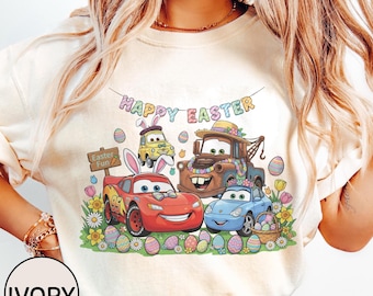 Vintage Comfort Colors Disney Cars Easter Shirt, Lightning McQueen & Mater Bunny Tee, Pixar Spring Egg Hunt Graphic, Disney Easter Trip Tee