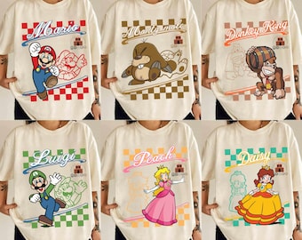 Retro Super Mario Tee Featuring Customizable Characters, Perfect For Nintendo World Family Matching, Birthday Trips, Fun Holiday Adventures