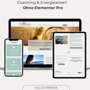 May include: A laptop computer screen displaying a website for tarot, coaching, and energy work. The website is designed in a light blue and white color scheme and features a photo of a woman with a serene expression. The website also includes a section for services, a contact form, and a call to action to book a session. The text on the screen reads "WordPress Landingpage für Tarot, Coaching & Energiearbeit Ohne Elementor Pro" and "VOLLSTÄNDIGE LANDINGPAGE".