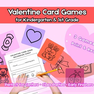 Valentine Card Games for Kindergarten & 1st Grade | Memory Match, Go Fish, Snap