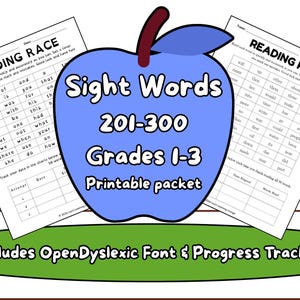 May include: A printable packet for sight words 201-300, designed for grades 1-3. The image features a blue apple graphic with text, and two "Reading Race" worksheets. Includes OpenDyslexic font and a progress tracker.