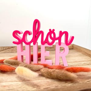 Op de afbeelding: Een houten bord met de Duitse woorden "schön HIER" in roze en lichtroze. Het bord staat op een houten dienblad met gedroogde bloemen in tinten oranje, bruin en crème.
