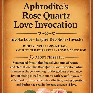 May include: A digital download featuring a vintage-style design with the text "Aphrodite's Rose Quartz Love Invocation." The image includes a rose quartz crystal and a pink rose, promoting love and devotion.