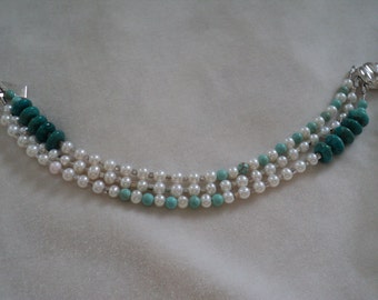 Pearl and Turquoise Triple Strand Bracelet with Sterling Silver Clasp