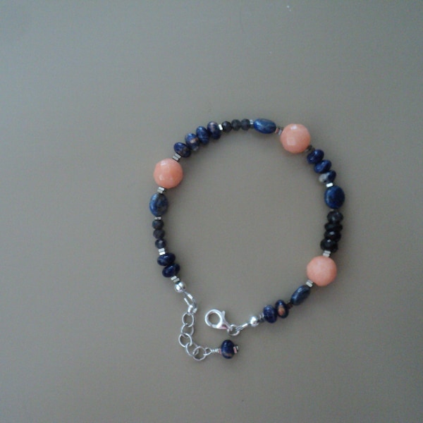 Dark Blue and Peach/Orange Multi Gemstone (Iolite, Lapis, Pyrite) and Sterling Silver 8" to 8 3/4" Adjustable Bracelet. Great Gift!