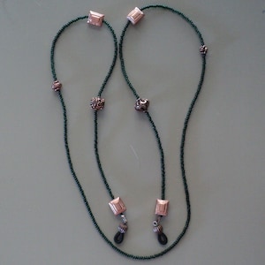 Forest Green Seed Bead and Copper Beads 33.5&quot; Eyeglass Lanyard, Chain. Fits Up To 3/4&quot; Eyeglass Arms. One of a kind.