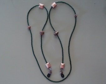 Forest Green Seed Bead and Copper Beads 33.5" Eyeglass Lanyard, Chain. Fits Up To 3/4" Eyeglass Arms. One of a kind.