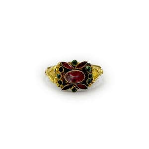 Anillo antiguo de Napoleón III con esmeralda, rubí y oro amarillo de 18 quilates con diseño floral - Talla 8