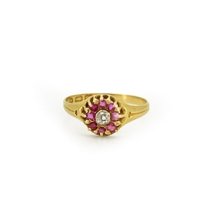 Vintage Pink Sapphire + Diamond + 18ct Yellow Gold Ring - Sz. 7