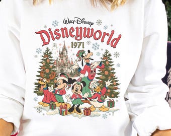 Retro Disneyworld Christmas Sweatshirt, Mickey and Friends Christmas Hoodie, Disney Most Magical Place On Earth Est. 1971 Crewneck, 333710