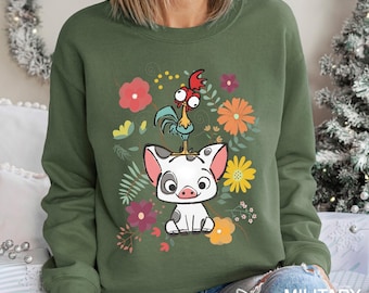 Floral Moana Sweatshirt, Disney Moana Shirt, Moana Pua Hei Hei Hoodie, Moana 2 Movie Crewneck,  332365
