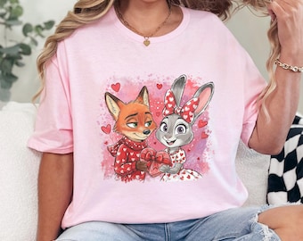 Watercolor Judy Hopps Nick Wilde Heart Shirt, Valentine Zootopia Shirts, Coquette Bow Zootopia Tee, Disney Zootopia-2 Love Tshirt, 334542