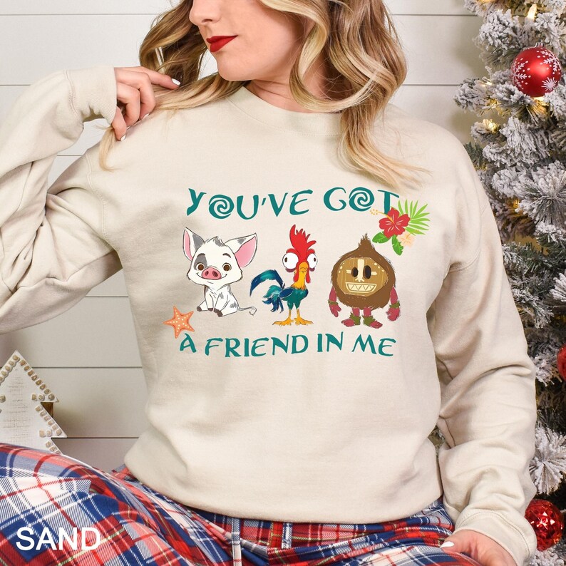 May include: A beige sweatshirt with a graphic of characters from the movie Moana. The text "You've Got a Friend in Me" is printed on the sweatshirt.