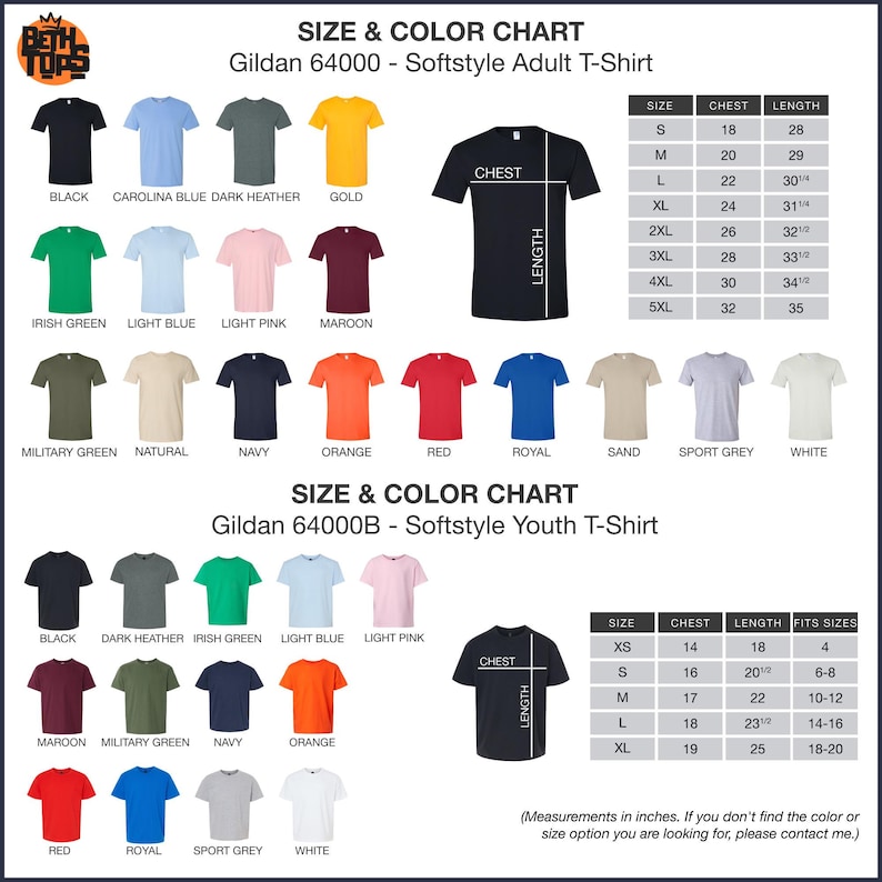 a chart showing the size and color of a t - shirt