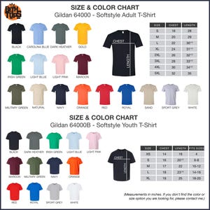 a chart showing the size and color of a t - shirt