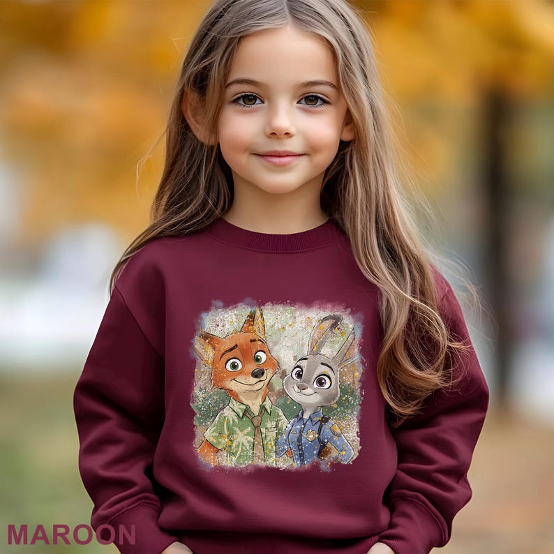 May include: A maroon sweatshirt with a graphic of Nick Wilde and Judy Hopps from Zootopia. The sweatshirt has a crew neck and long sleeves. The word "MAROON" is printed at the bottom of the image.