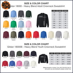 a chart showing the size and color of sweatshirts