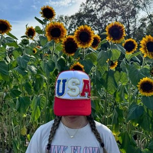 USA Glitter Patch Trucker Hat - 4th of July or Memorial Day Patriotic Hat - Red White and Blue Foam Trucker Hat Unisex Adult Size