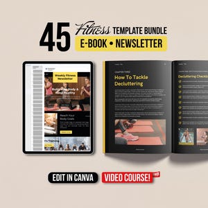 Può includere: Un mockup di un pacchetto di modelli di ebook e newsletter di fitness. La copertina dell'ebook mostra una persona che si allena su un tappetino da yoga. Il modello di newsletter presenta una newsletter di fitness settimanale con il testo "Costruisci il tuo corpo e mantieni la salute". Il testo "45 Fitness Template Bundle" e "E-book Newsletter" è visualizzato in testo giallo e nero. Il testo "Edit in Canva" e "Video Course!" è visualizzato in testo giallo e nero.
