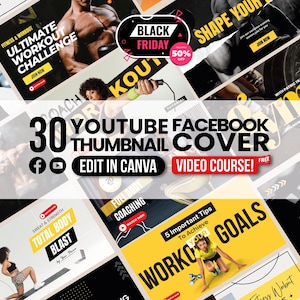 Fitness Social Media Template Bundle: Canva Editable Facebook Cover & YouTube Thumbnail + Free Video Course