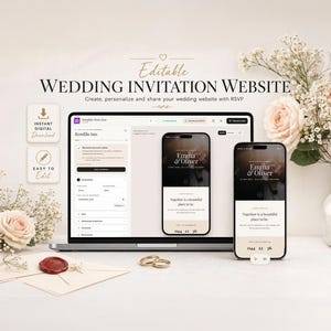 Può includere: Un computer portatile e uno smartphone mostrano un sito web di inviti di nozze modificabile con il testo Emma & Oliver. Lo schermo mostra opzioni di personalizzazione. Vicino ci sono rose rosa, gipsofila, due anelli d'oro e una busta color crema con un sigillo di cera rosso.
