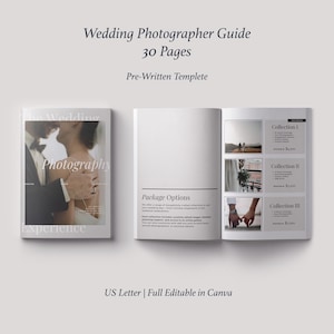 Könnte beinhalten: Ein Hochzeitsfotografie-Leitfaden mit dem Text "Wedding Photographer Guide 30 Pages Pre-Written Template". Der Leitfaden ist geöffnet und zeigt Paketoptionen und Beispielbilder. Das Cover zeigt ein sich umarmendes Paar. Der Text "US Letter | Full Editable in Canva" ist ebenfalls sichtbar.