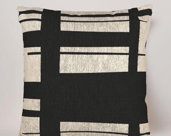 Cojín con panel de rejilla en negro y marfil / Cojín geométrico arquitectónico / Cojín decorativo abstracto moderno