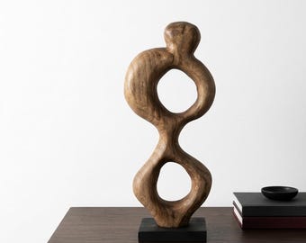 Hand Carved Abstract Wood Sculpture on Stand | Organic Loop Totem | Handmade in France | 41cm Unique Wood Art | Minimalist Home Decor Gift