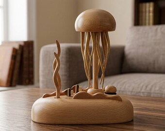Wooden Jellyfish Automaton | Kinetic Art | Handmade Ocean Sculpture (France) | Soothing Decoration and Unique Gift
