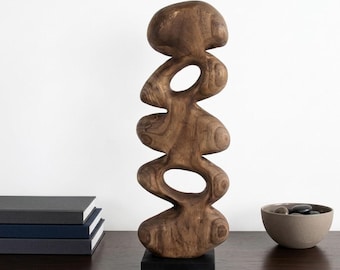 Abstract Wood Sculpture on Stand | Hand Carved Organic Totem | Unique Wooden Art | Biomorphic Home Decor | 48cm Statement Piece