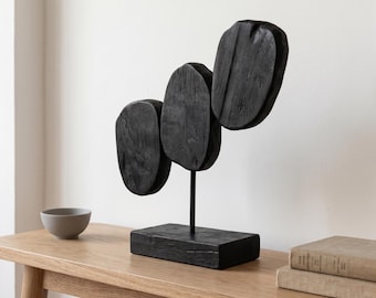 Large Abstract Black Carved Wood Sculpture on Metal Stand, Modern Oak Console Table Art, Minimalist Burnt Indigo Wabi-Sabi Office Decor