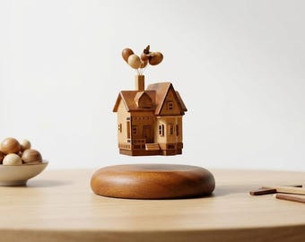 Magnetic Levitation Wooden Flying House - Handmade Kinetic Sculpture with Natural Wooden Balloons - Poetic and Soothing Decoration