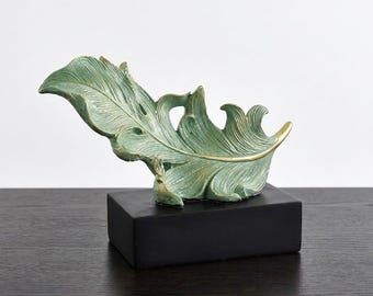 Green Gold Leaf Sculpture on Stand | Hand Painted Resin Feather Art | Handmade in France | Botanical Home Decor | Unique Nature