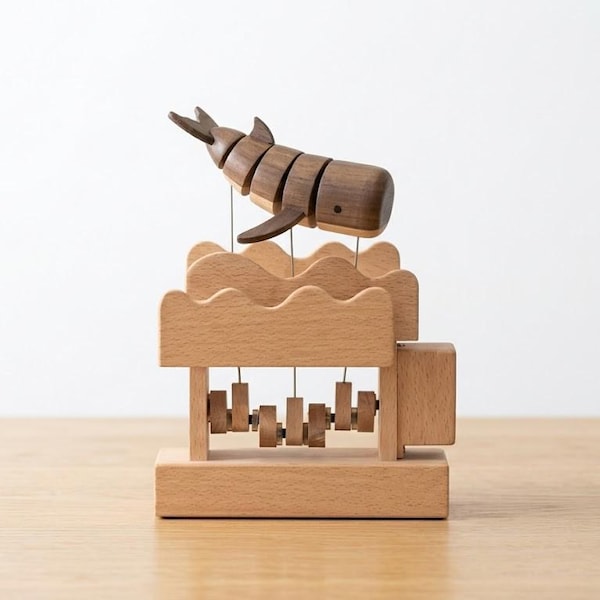 Handmade wooden musical whale automaton - Rechargeable kinetic music box - Relaxing and poetic marine decoration