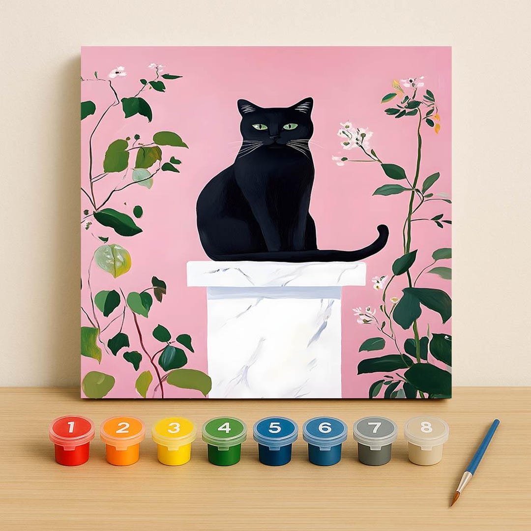 Elegant Black Cat Paint by Numbers Kit, Pink Floral DIY Acrylic ...