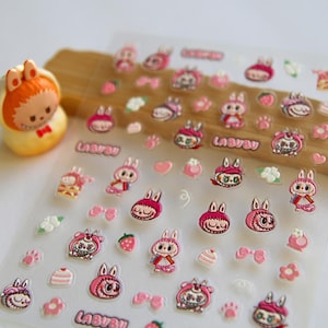 Cute Pink Nails Stickers Cute Pink Labu Characters Nails Korean Nail Designs Labu Pink Nail Decals Kawaii Nail Designs Pink Cartoon Nail Art