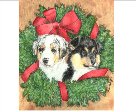 Australian Shepherd Puppy Christmas Cards Merle And Tri Etsy